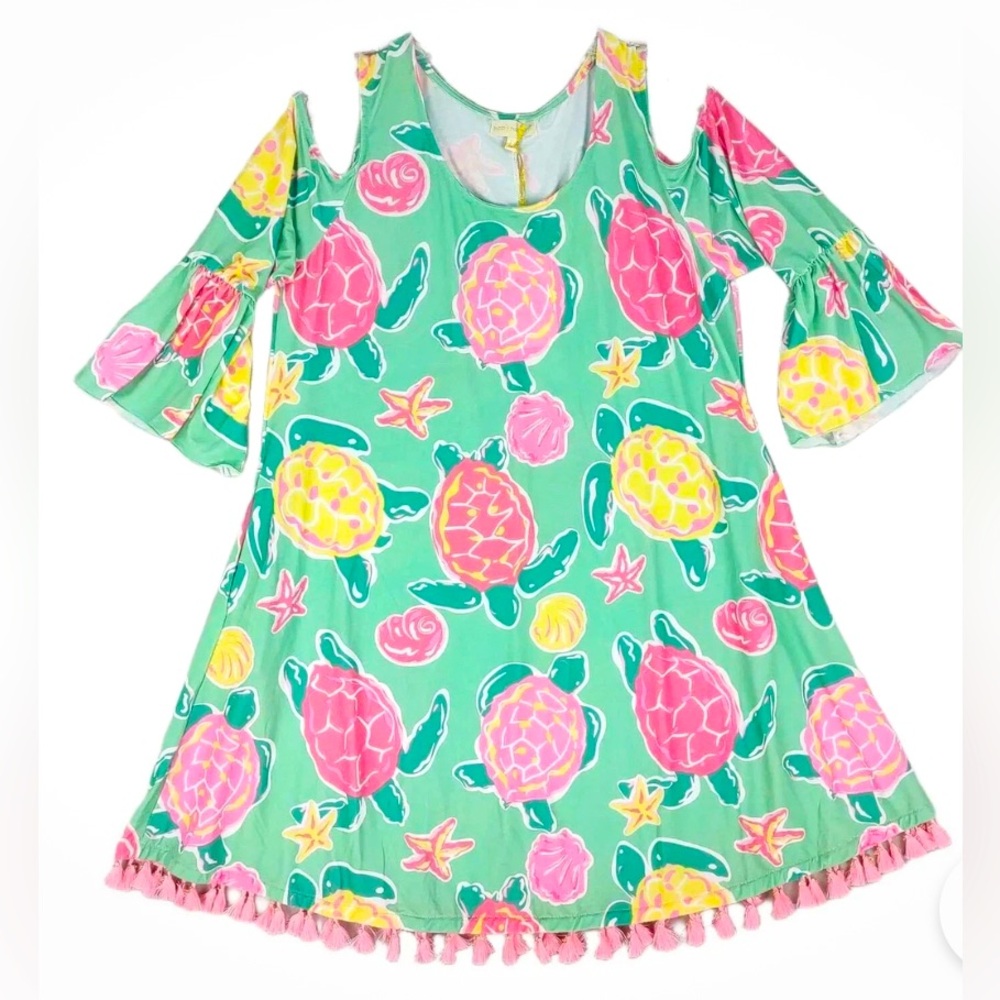 Simply Southern topsail dress turtles tassel trim bell sleeves M medium